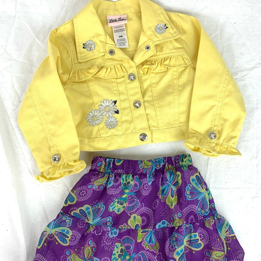 Darling Little Lass Yellow Jean Jacket with Purple Butterfly Skirt 24 months - Picture 2 of 9